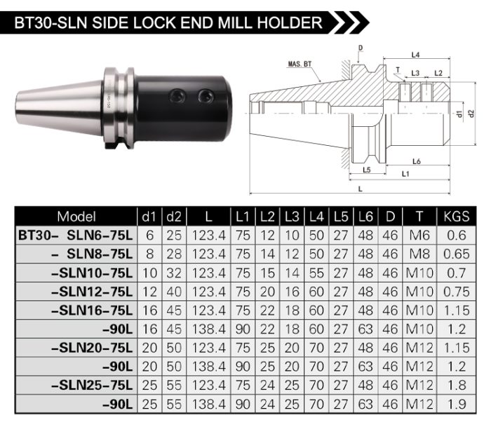 BT30/40-SLN SIDE LOCK END MILL HOLDER