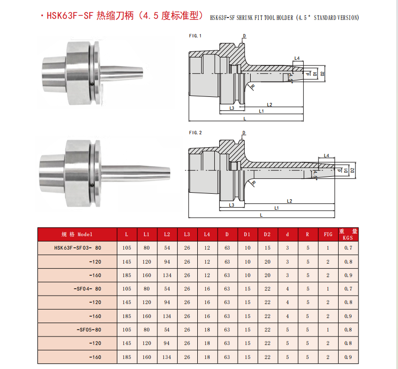 4.5 Degree Standard Version HSK63F -SF Shrink Fit Chucks Tool Holder High precision